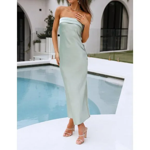 Women's Sage Cocktail Satin Staples Tube Bodycon Backless Party Maxi Dress - Picture 2 of 7